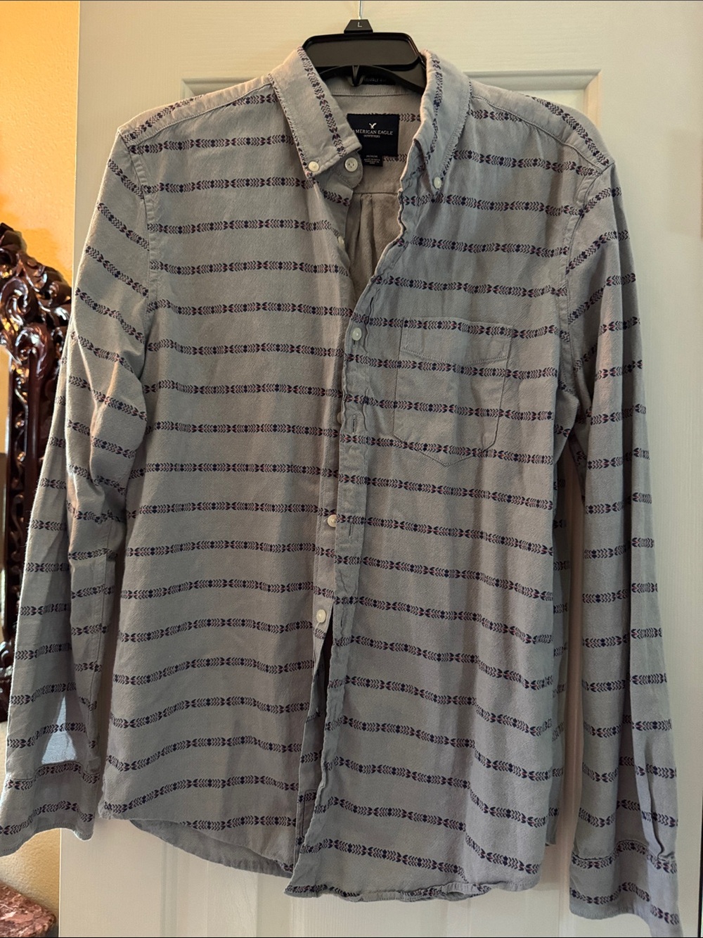 American Eagle Outfitters Light Gray Button-Down Shirt with Navy Stripe Pattern